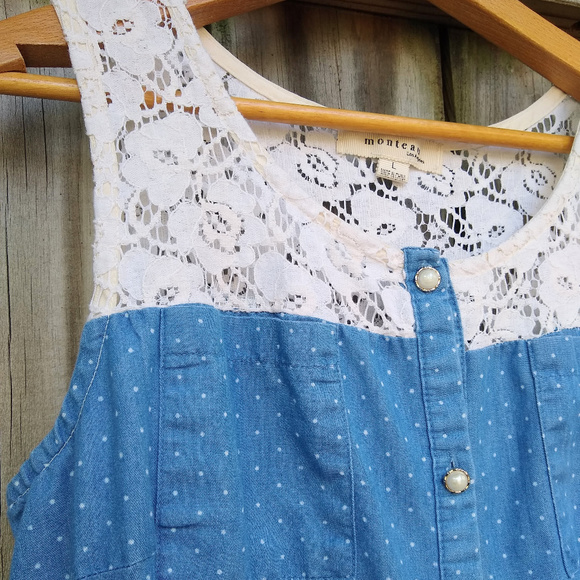 Denim & Lace Polka Dot Dress - Picture 2 of 7